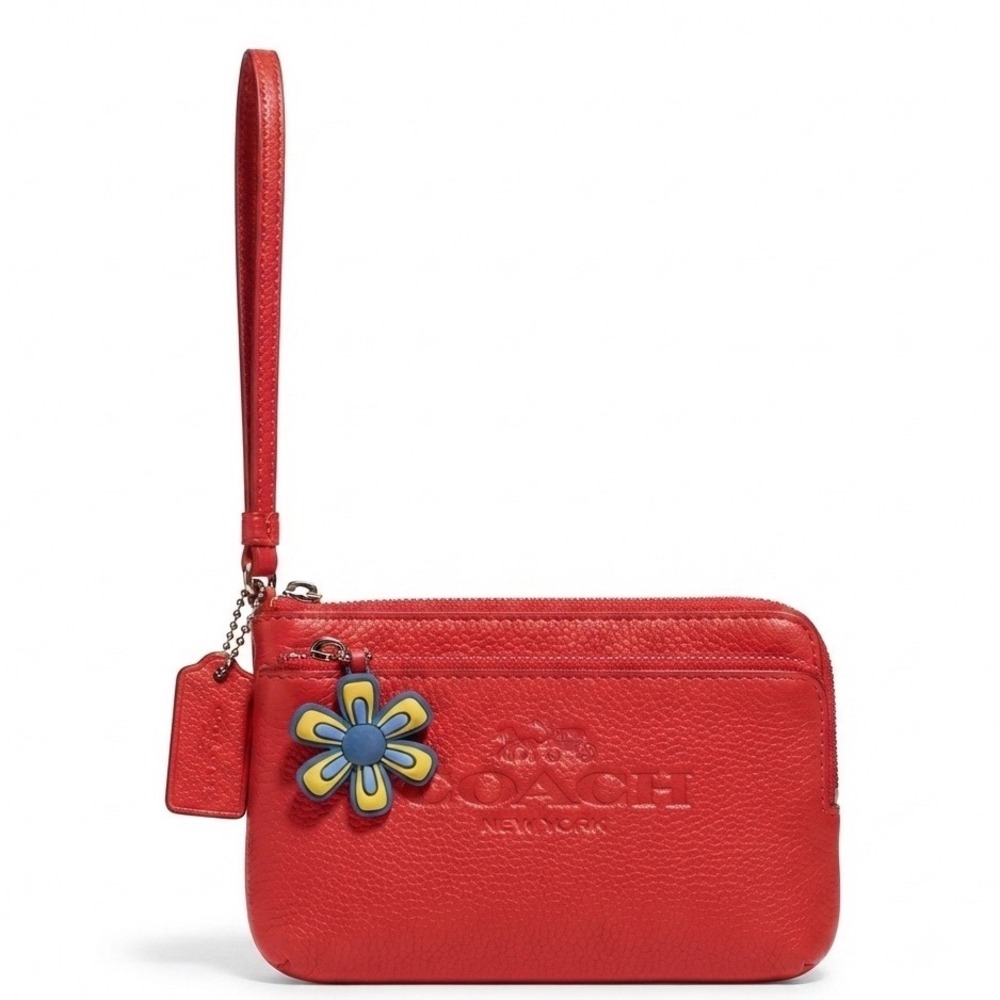 Coach Red Pebble Leather‎ Double Zip Wristlet with Flower Charm Logo Handbag